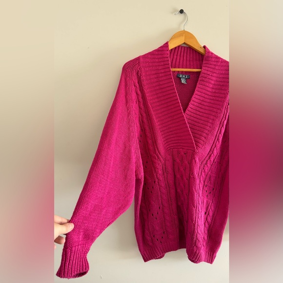 OHI Vintage Y2K Cable Knit Sweater Pink Deep V Neck Fit Sleeves slouchy style M - Picture 4 of 7